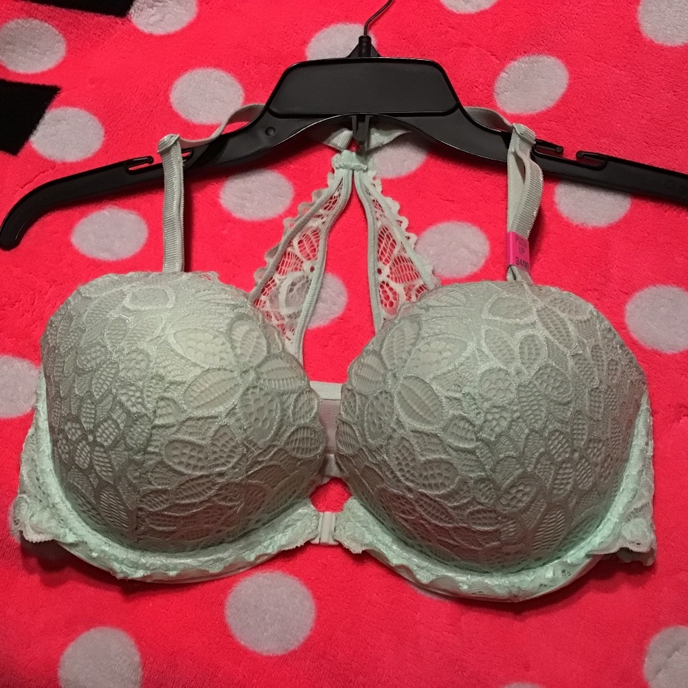 Mint Green Victoria’s Secret Pink pushup, 34DD cross-back, front close